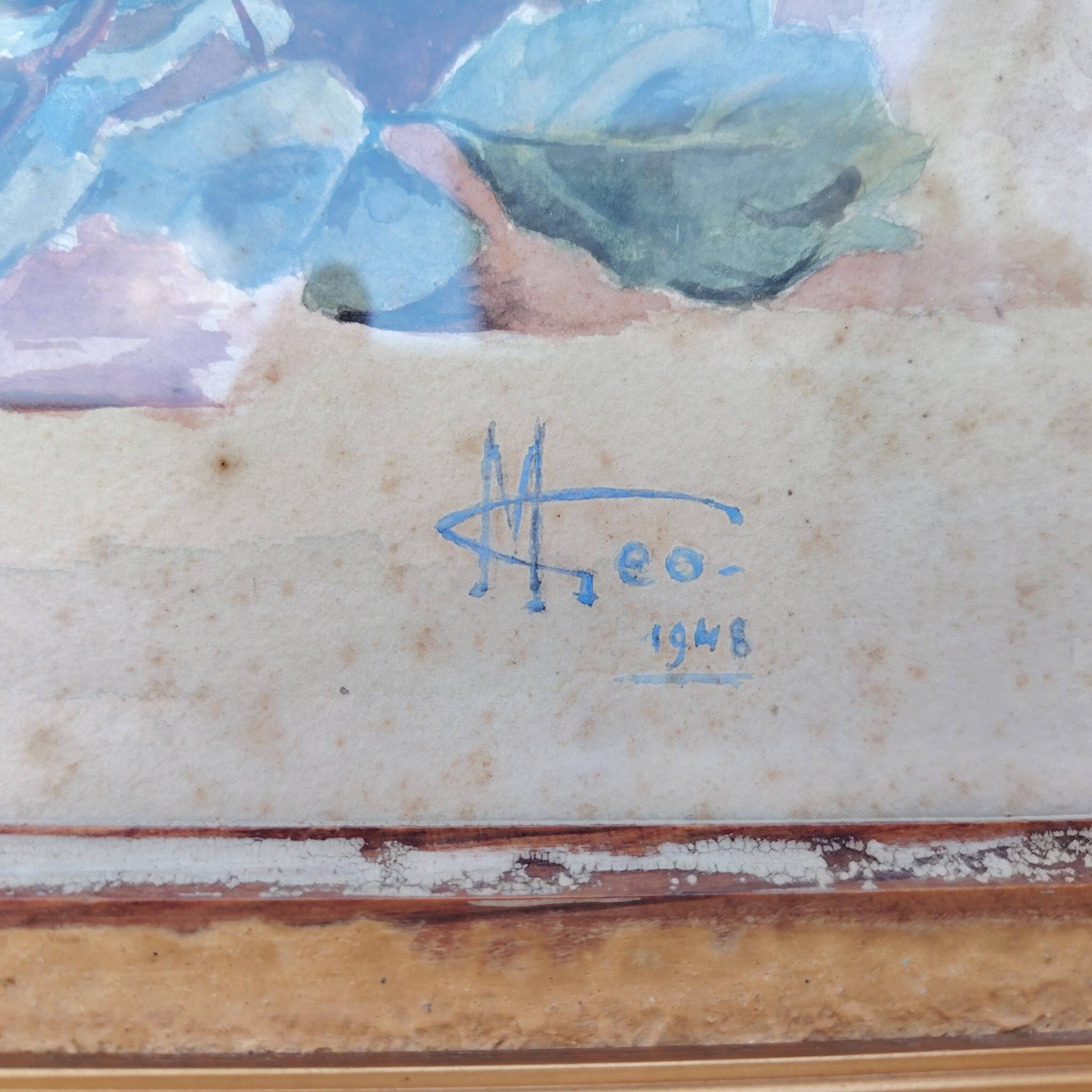 Watercolor bouquet of roses in preparation, Géo, 1948