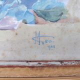 Watercolor bouquet of roses in preparation, Géo, 1948