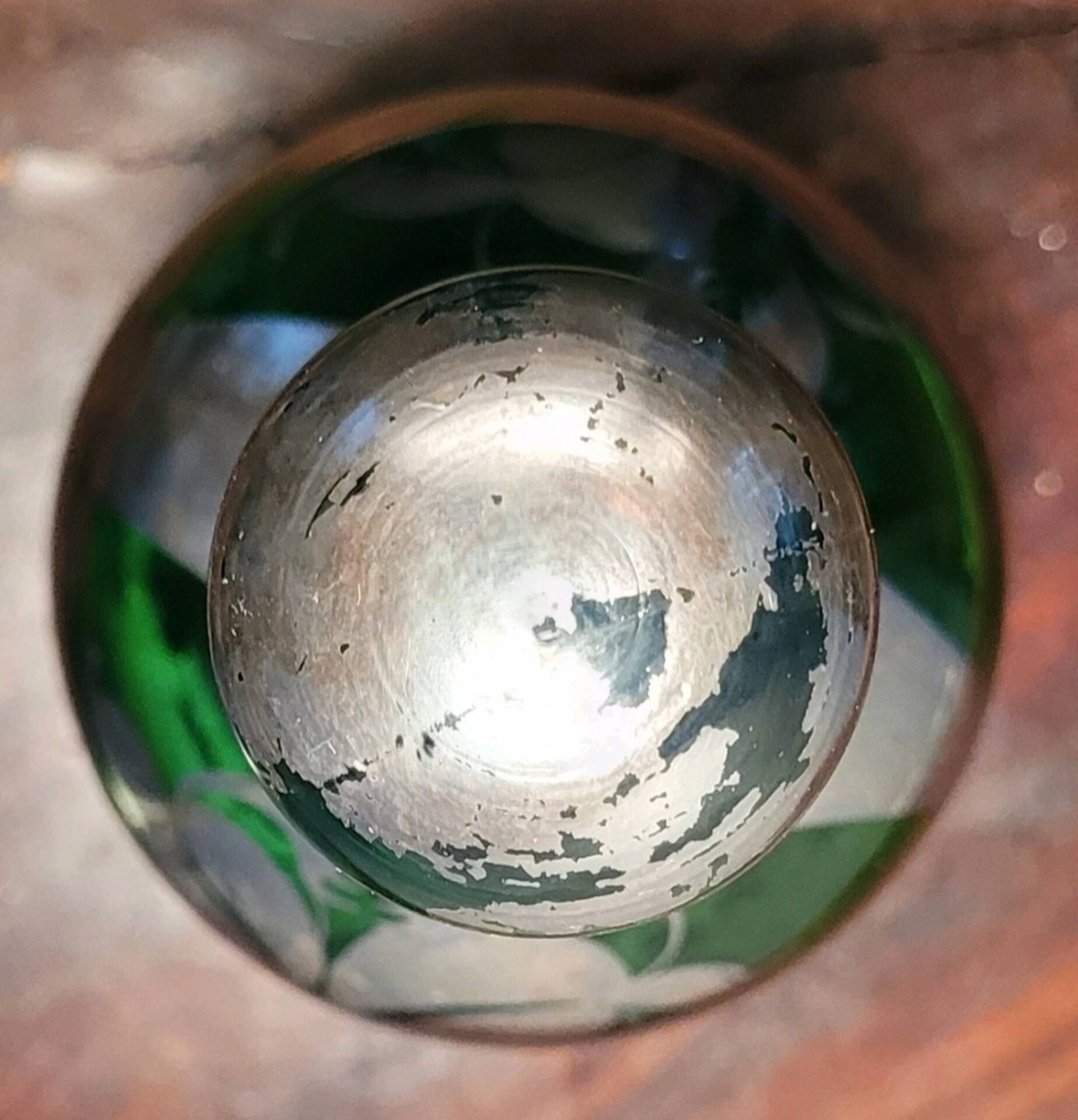 Murano glass alcohol bottle green & silver 1930s - 1940s.