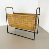Aubock Style Mid-Century Rattan Bauhaus Magazine Holder, France, 1950s