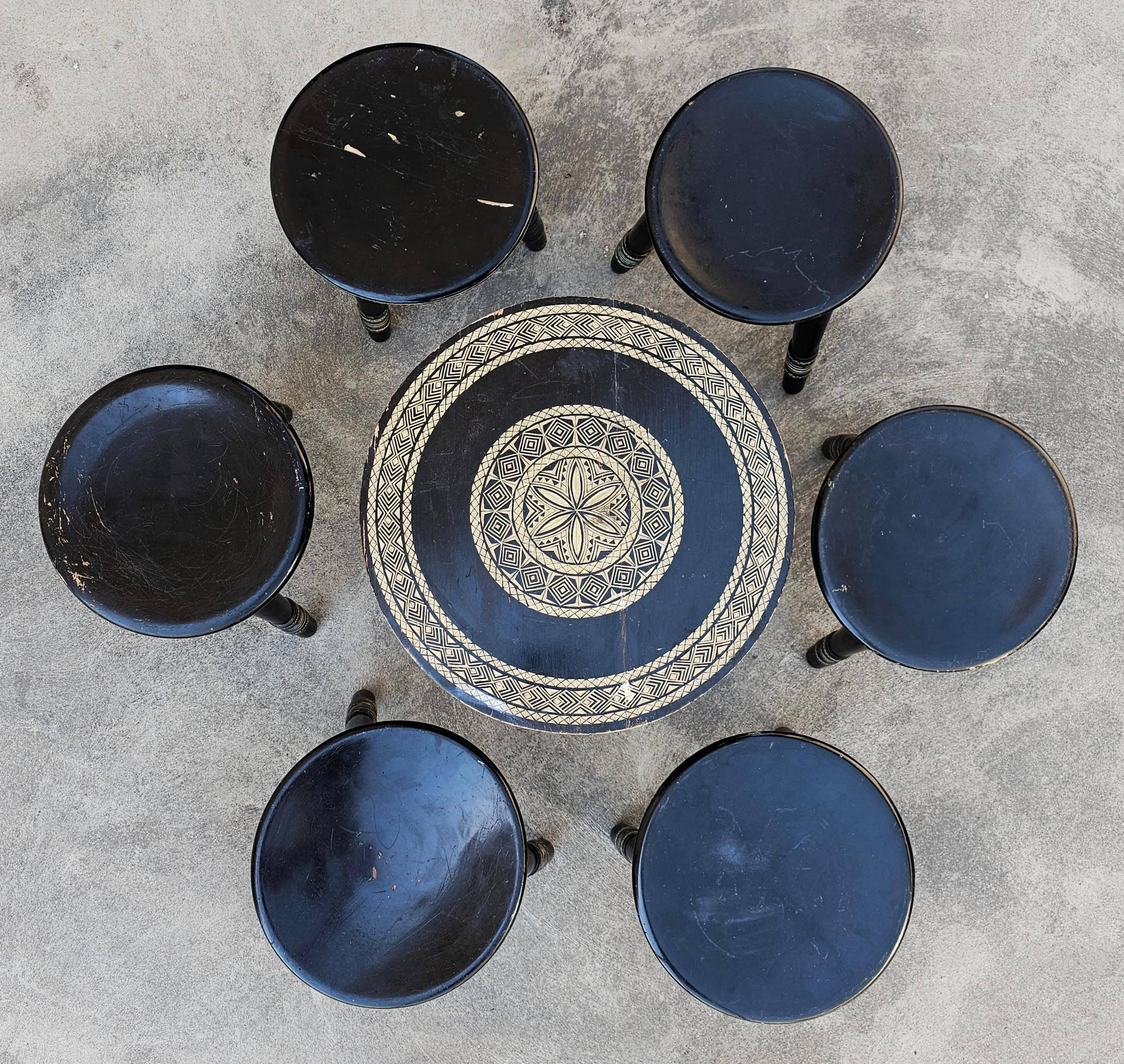 Antique hand-carved coffee table with 6 stools by Ettore Zacchari, 1900s.