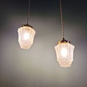 Pair of Art Deco Skyscraper-style pendant lights in frosted glass, 1920-30