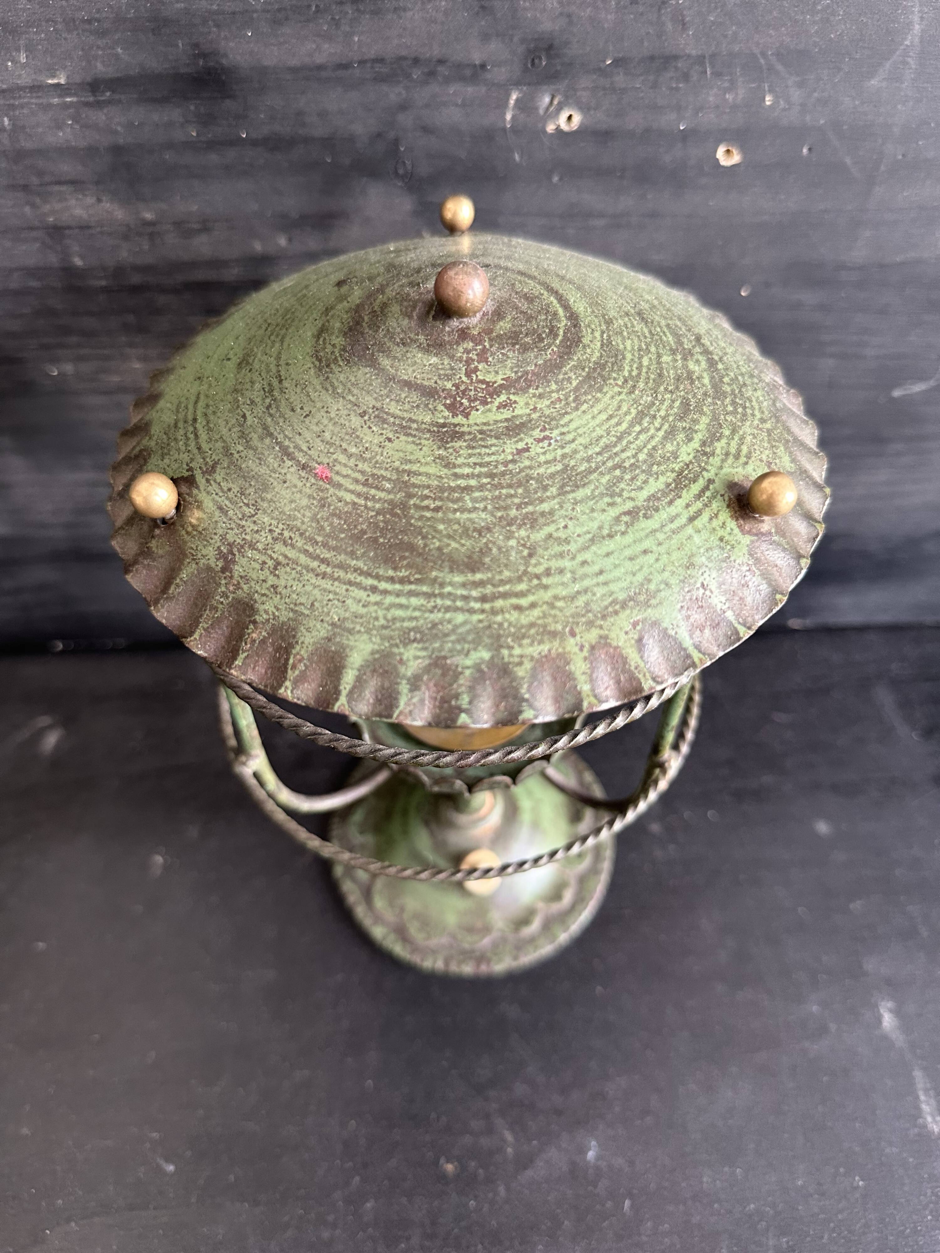 Antique patinated green metal lamp, Art Nouveau style, early 20th century.