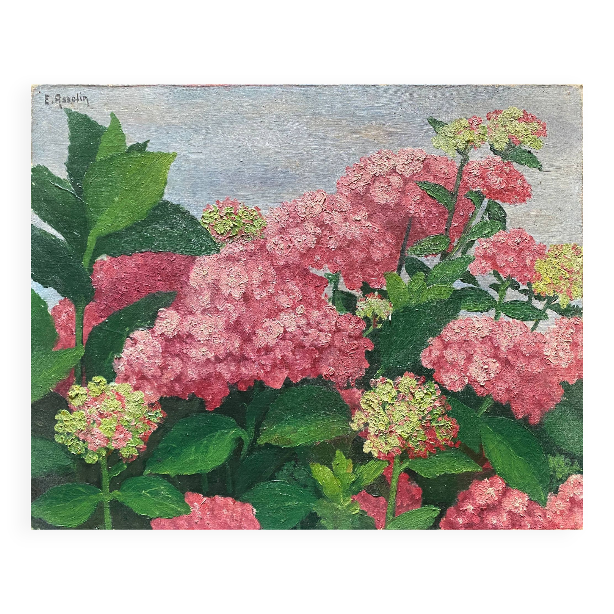 HST painting "Hydrangea Grove" signed E. Asselin mid-20th century