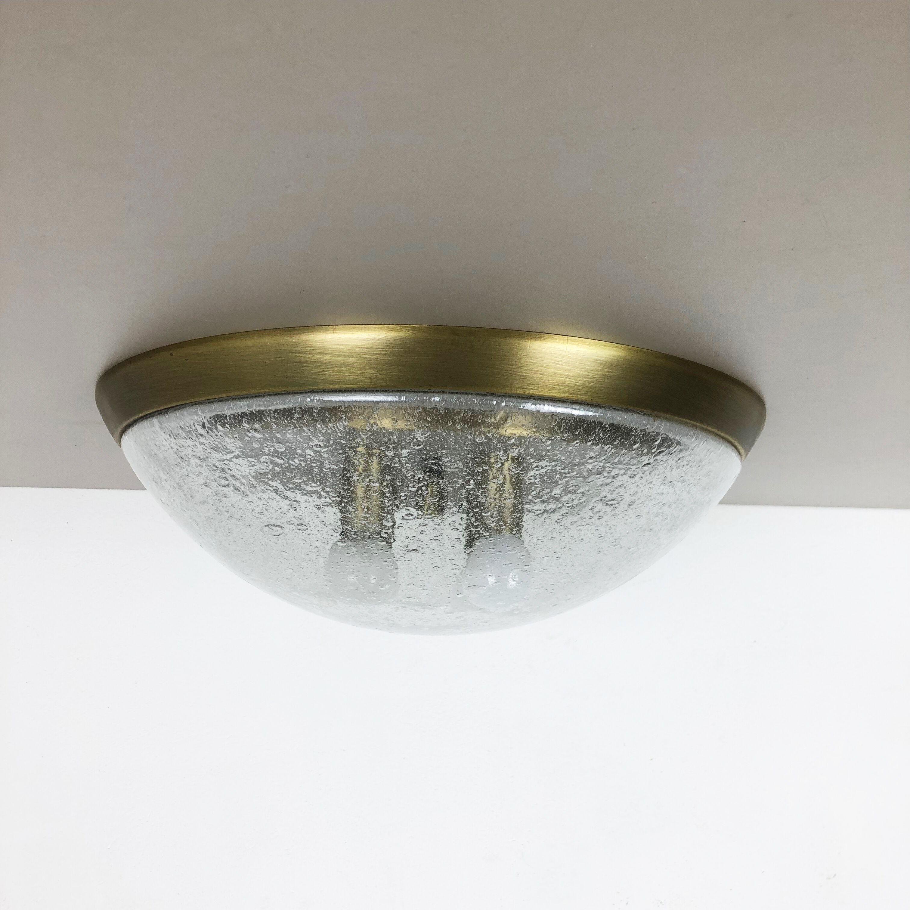 Ice glass bubble brass ceiling light by Hillebrand Leuchten, Germany, 1970s