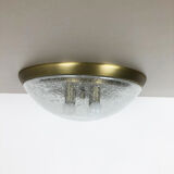 Ice glass bubble brass ceiling light by Hillebrand Leuchten, Germany, 1970s