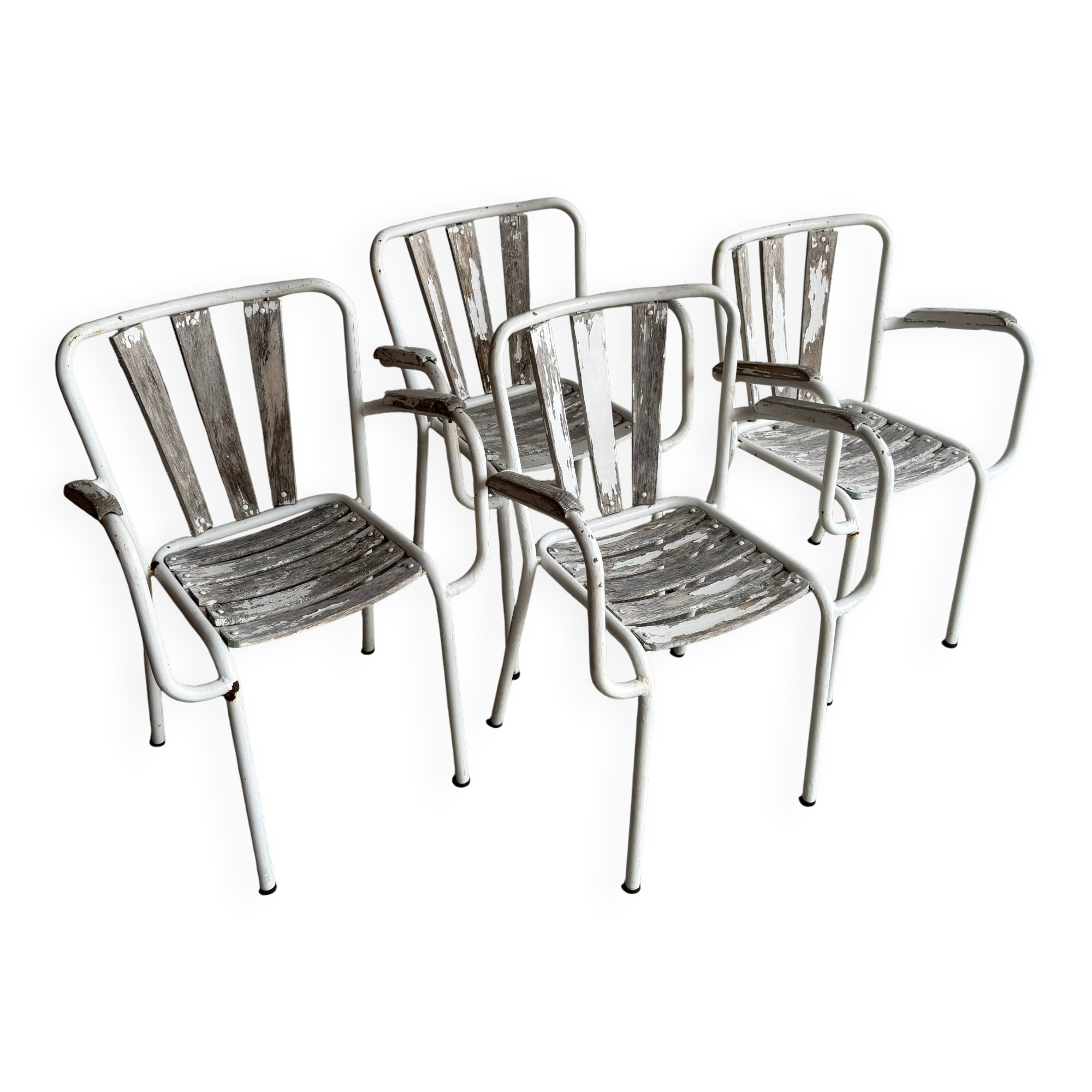 Ensemble de 4 chaises de jardin vintage en métal blanc et bois avec structures tubulaires en acier