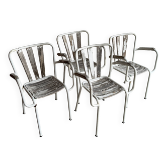 Set of 4 White Metal and Wood Vintage Garden Chairs with Tubular Steel Frames