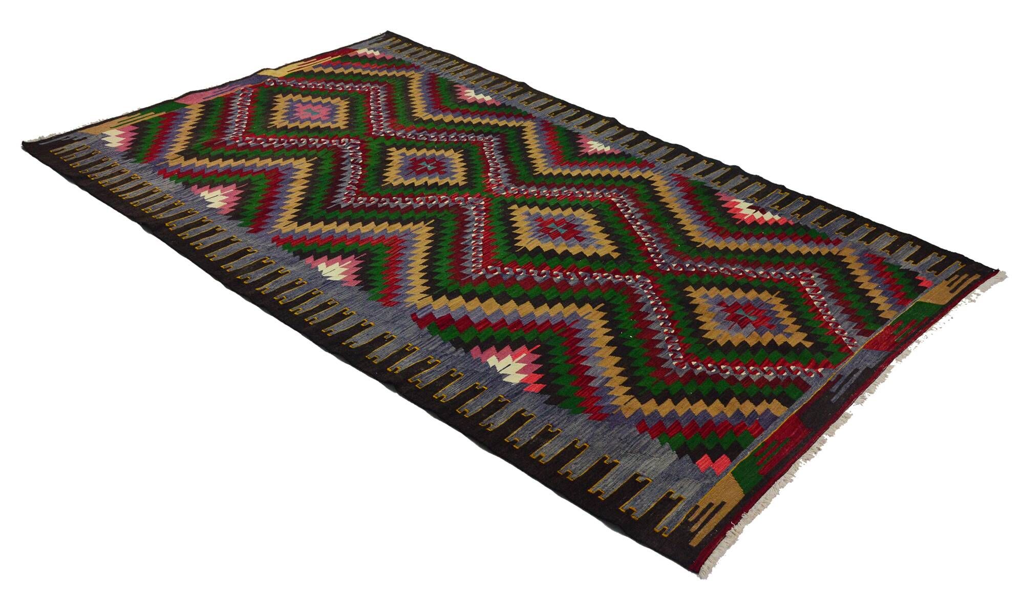 Turkish Kilim Yuruk Vintage 169x300 cm Geometric Green Red Yellow