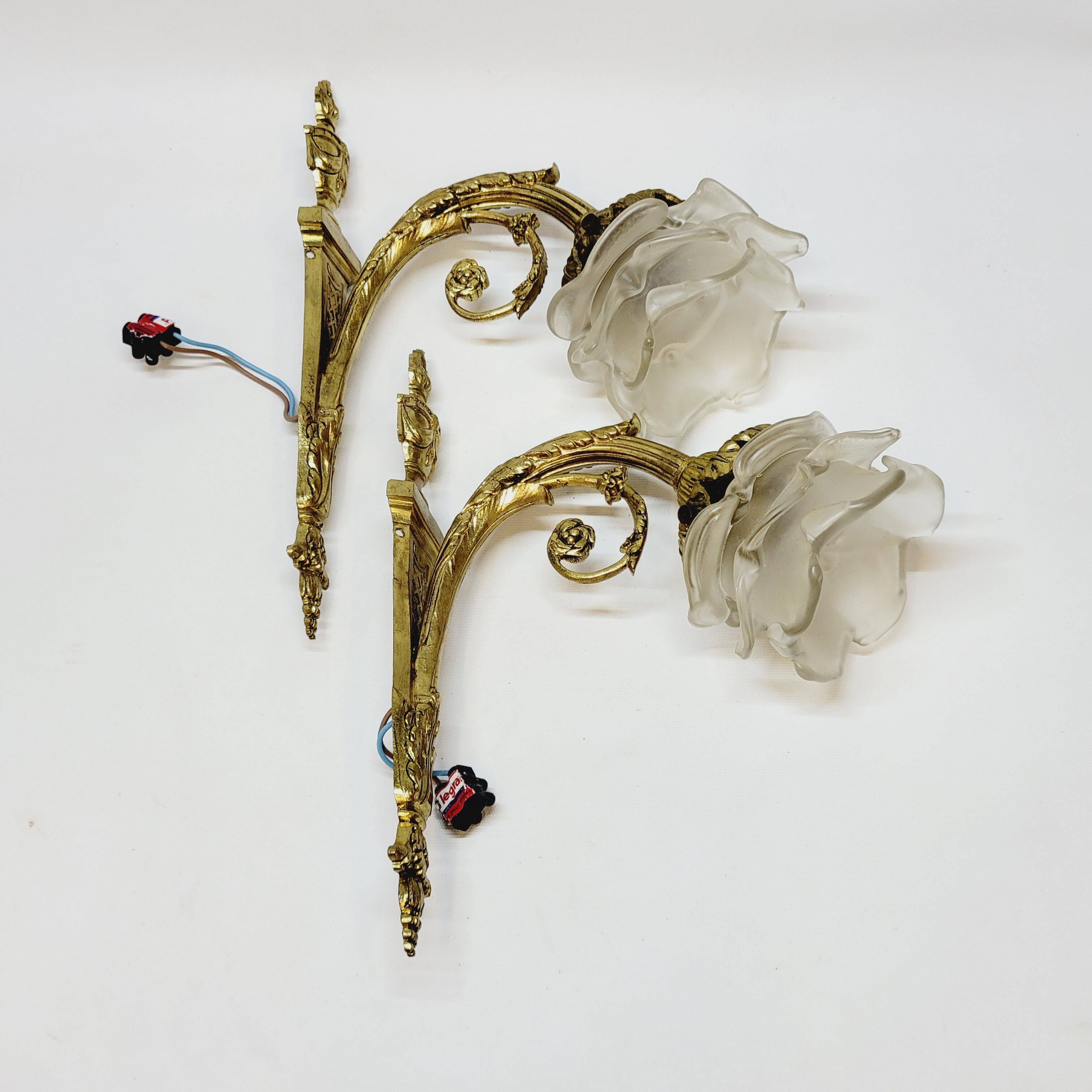 2 19th Century Gilt Bronze Wall Sconces with Molded Glass Globes in the Shape of