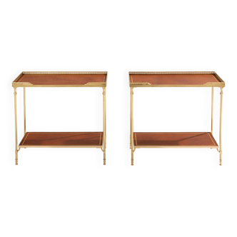 Pair of neoclassical brass and leather side tables by Maison Jansen, 1960