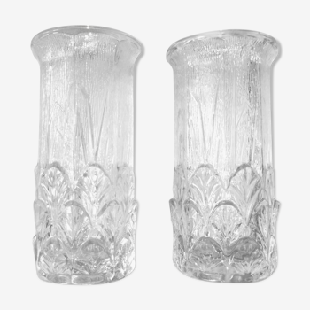 Couple of floral vases art deco style, pressed glass, 1970, Fidenza, Italy.