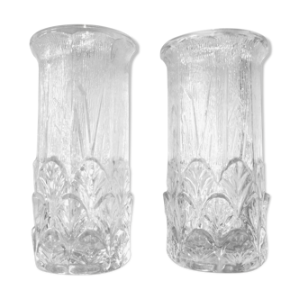 Couple de vases floraux style art déco, verre pressé, 1970, Fidenza, Italy.