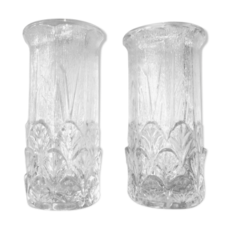 Couple of floral vases art deco style, pressed glass, 1970, Fidenza, Italy.