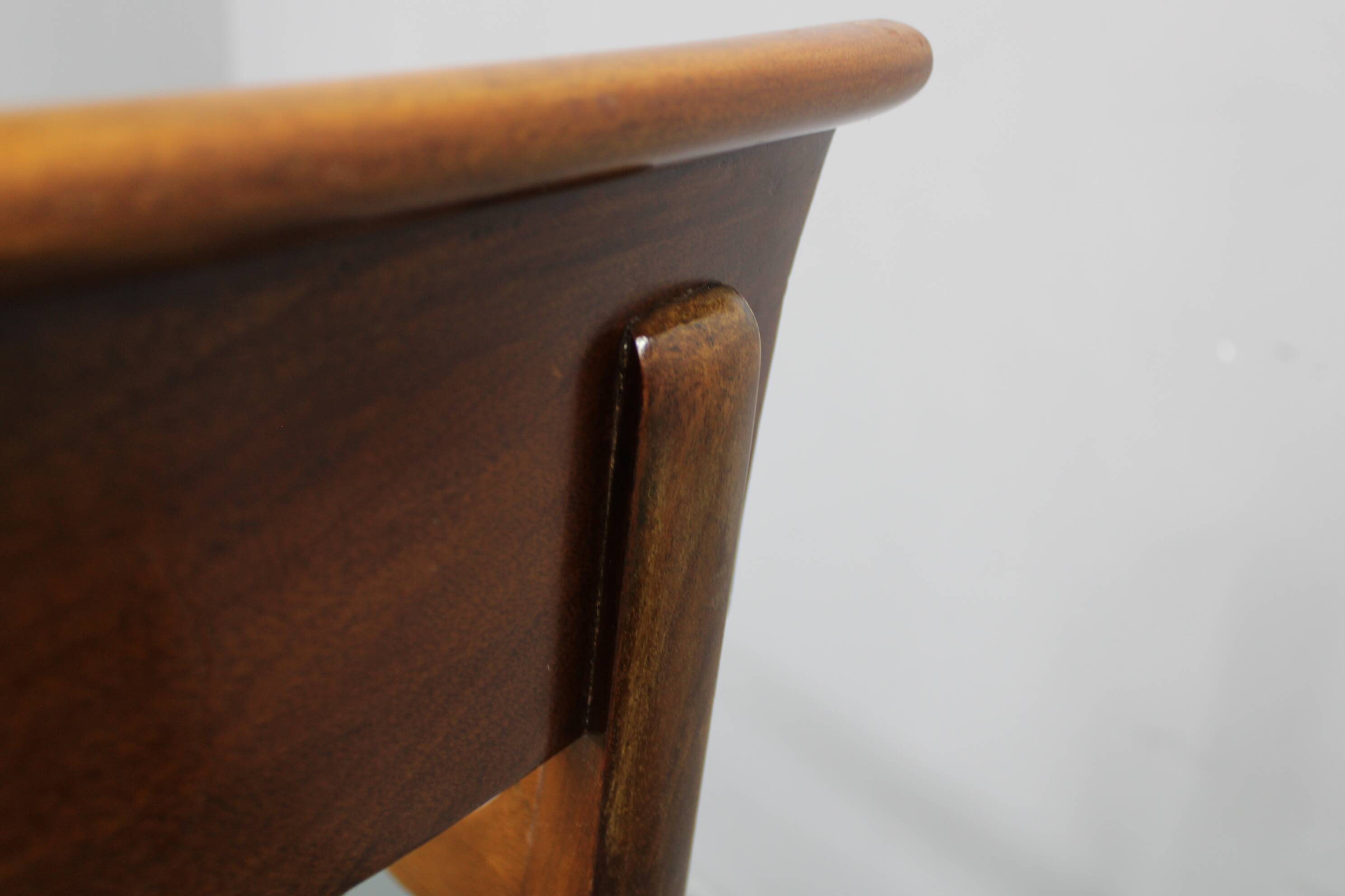 French Art Deco walnut dining chair set with armchairs, France 1930s