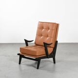 Fauteuils en bois et cuir, circa 1950