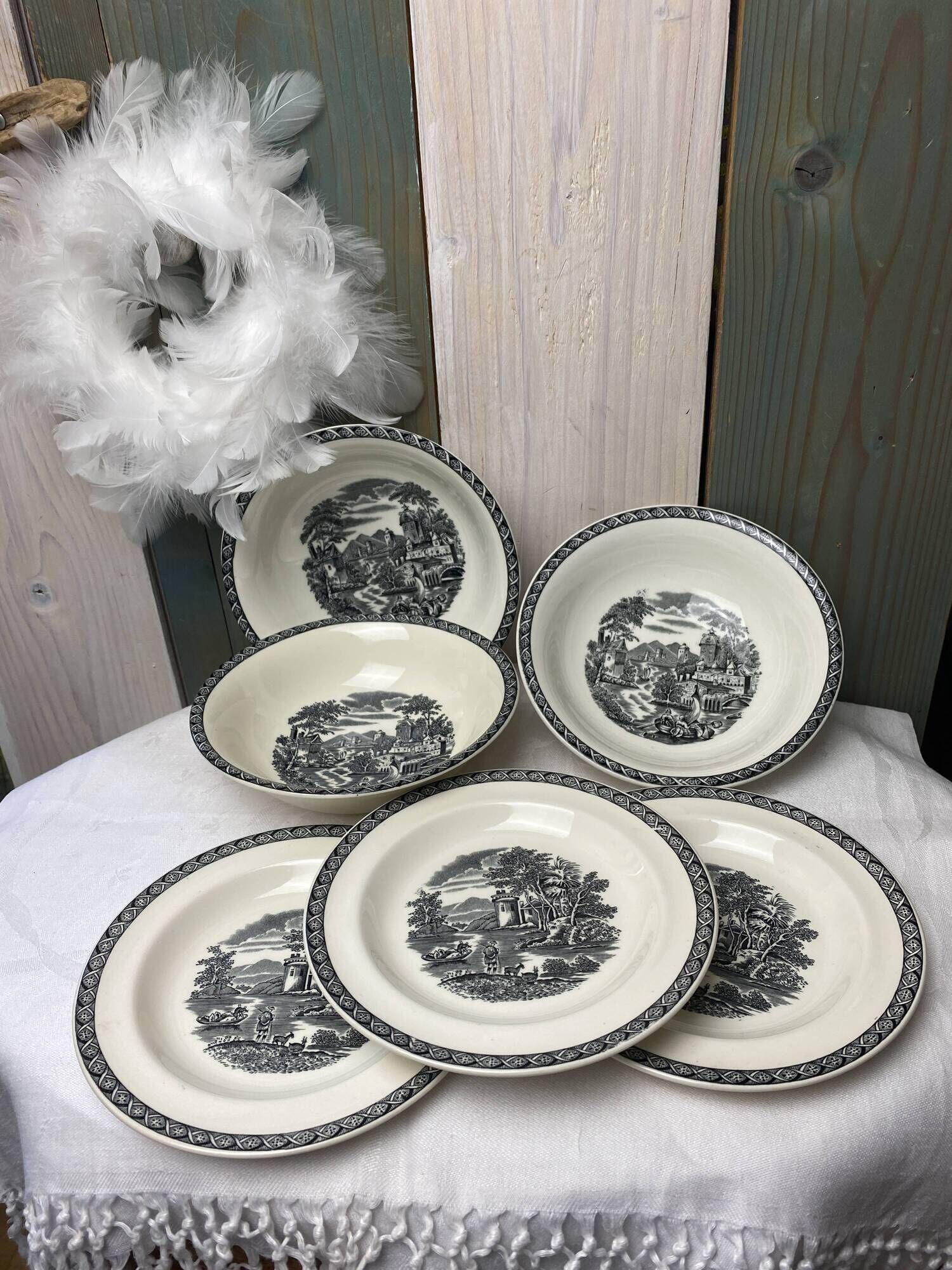 Set of 3 large cups and 3 old Wedgwood Lugano model bread plates
