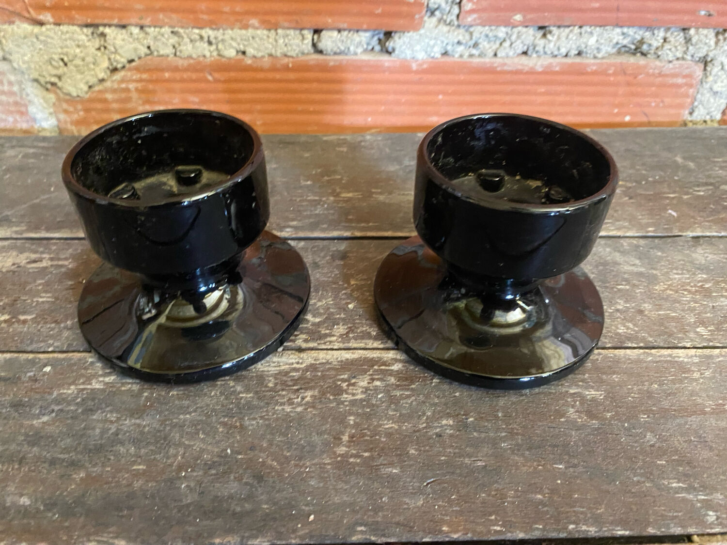Pair of Vintage 1970s Space Age Black Opaline Candle Holders