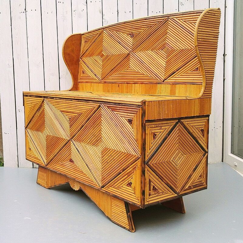 Chest bench, rattan marquetry, vintage 60's