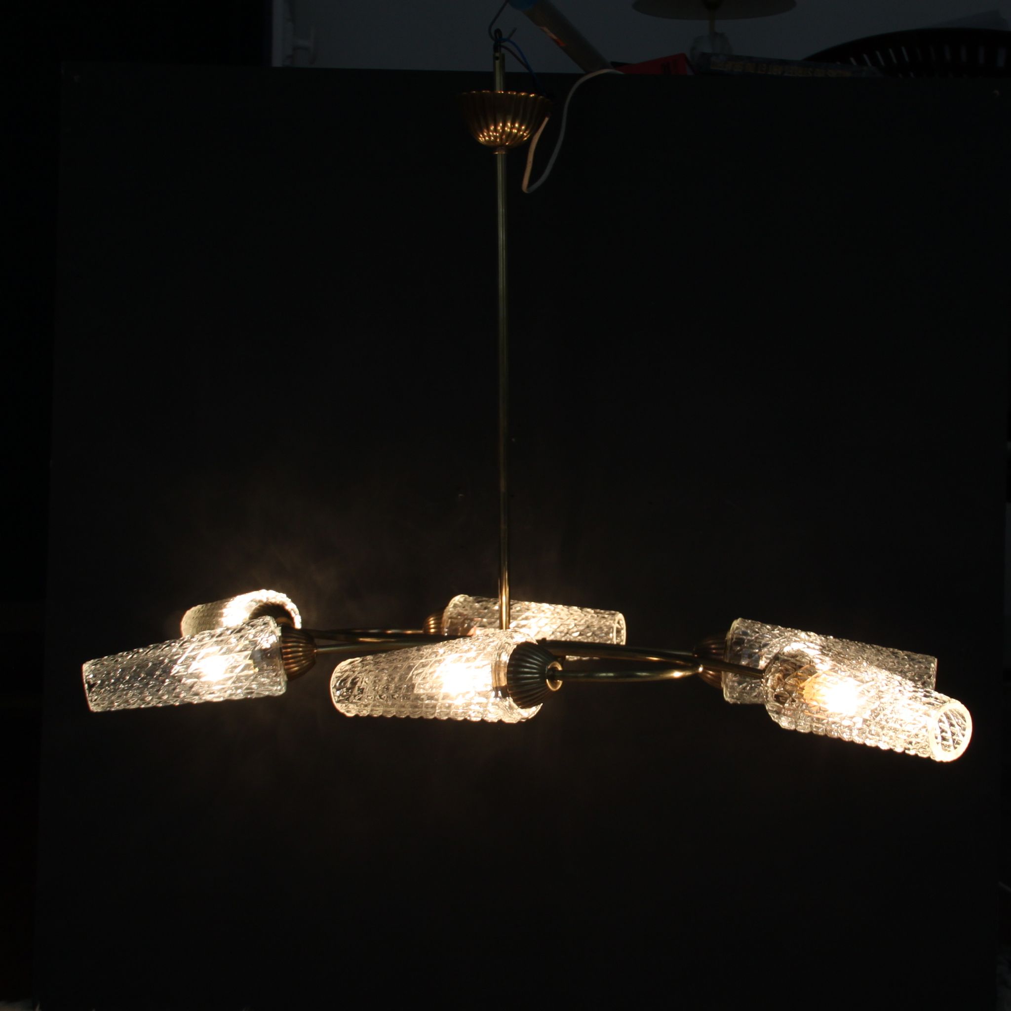 Vintage brass chandelier, moulded glass tulip lampday, circa 1950