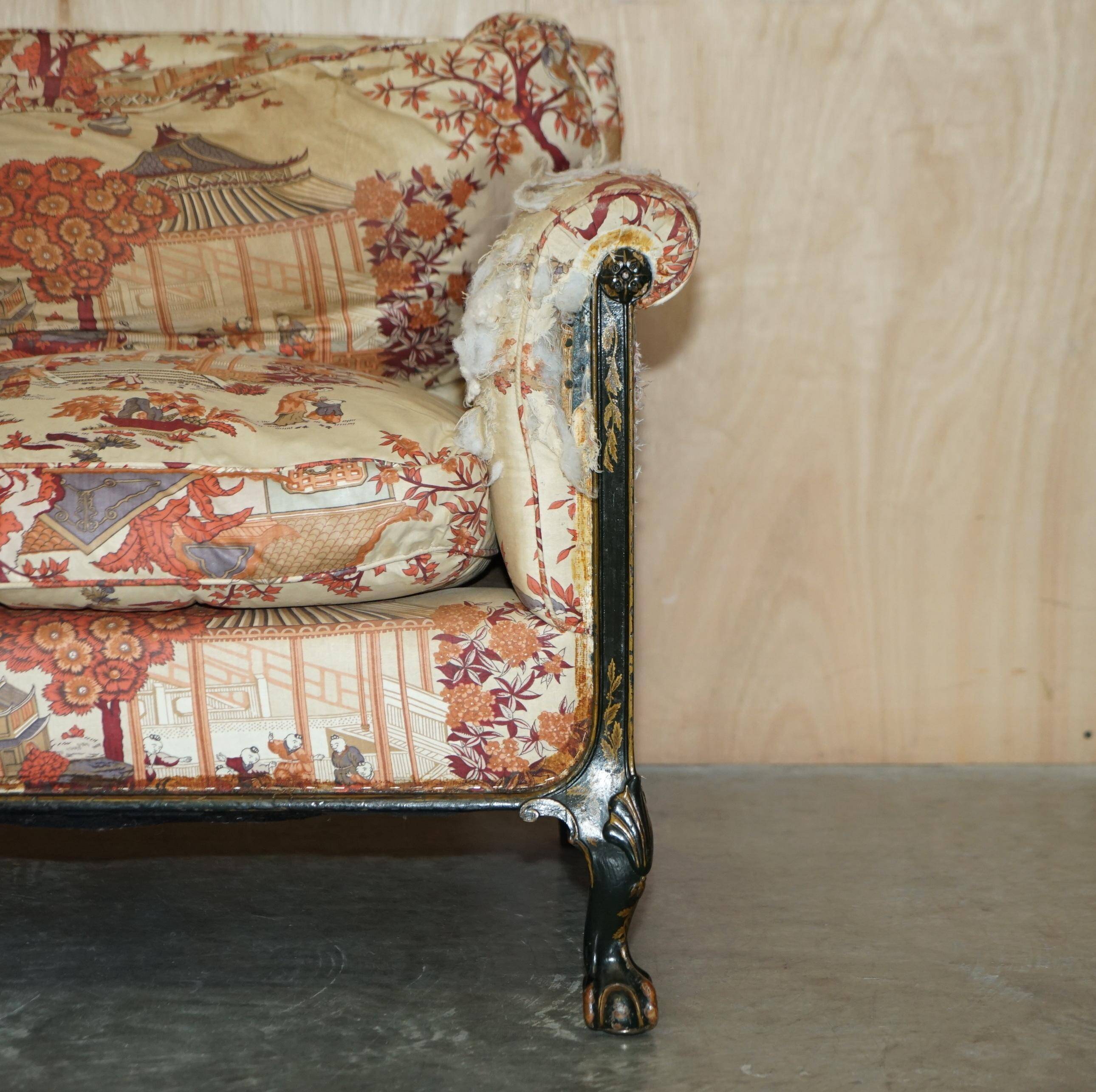Antique Howard & Sons canapé, Aesthetic Movement, claw and ball feet, chinoiserie fabric.