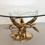 Coffee table in tree shape in full brass and cut glass, 1970s
