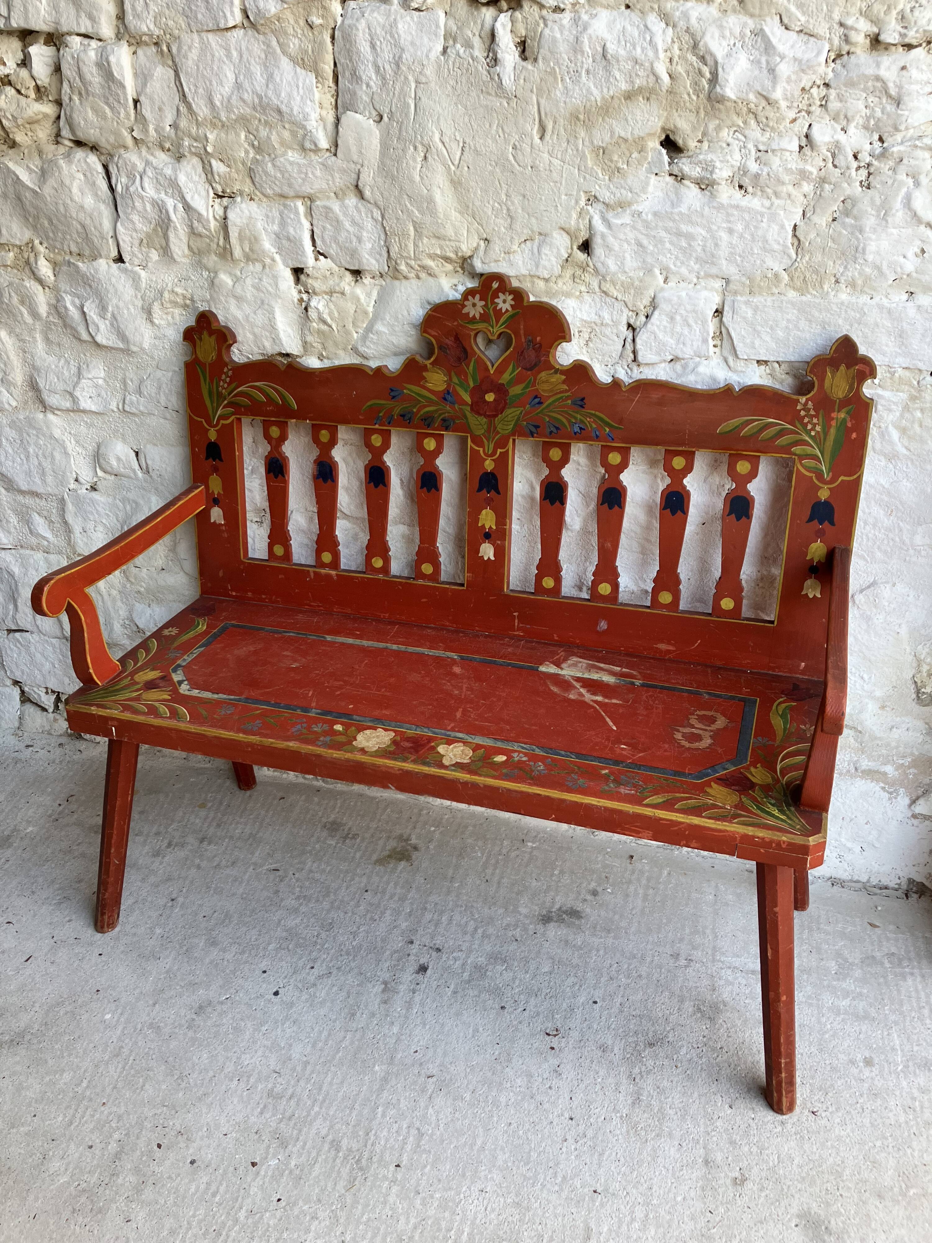 Folk bench in painted wood - Eastern Europe probably Hungary - early 20th century