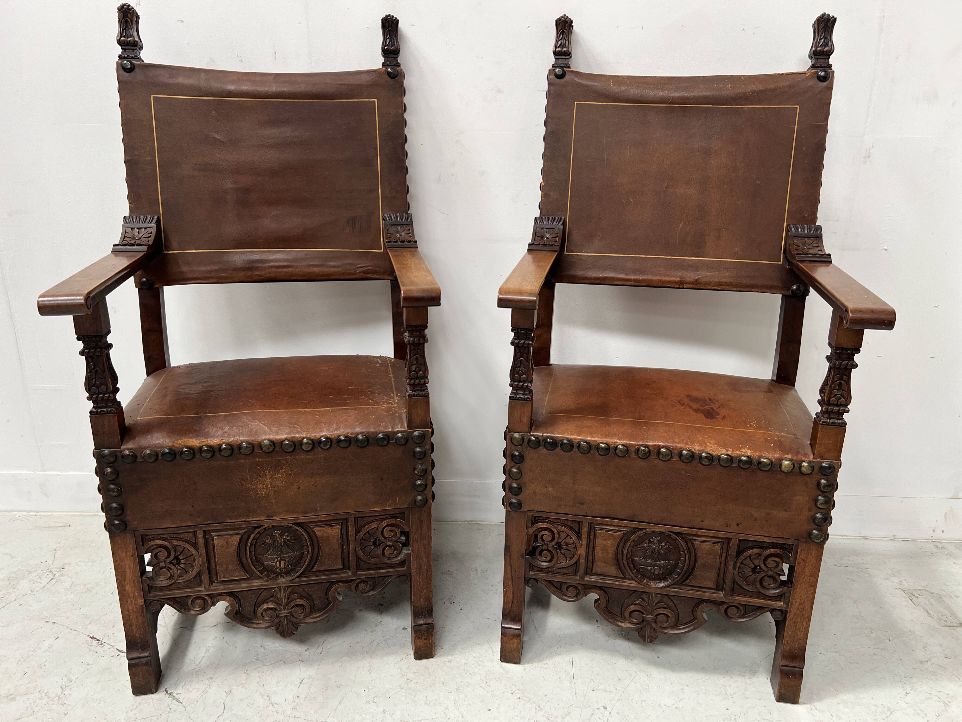 Pair of Renaissance style armchairs in walnut, 20th century