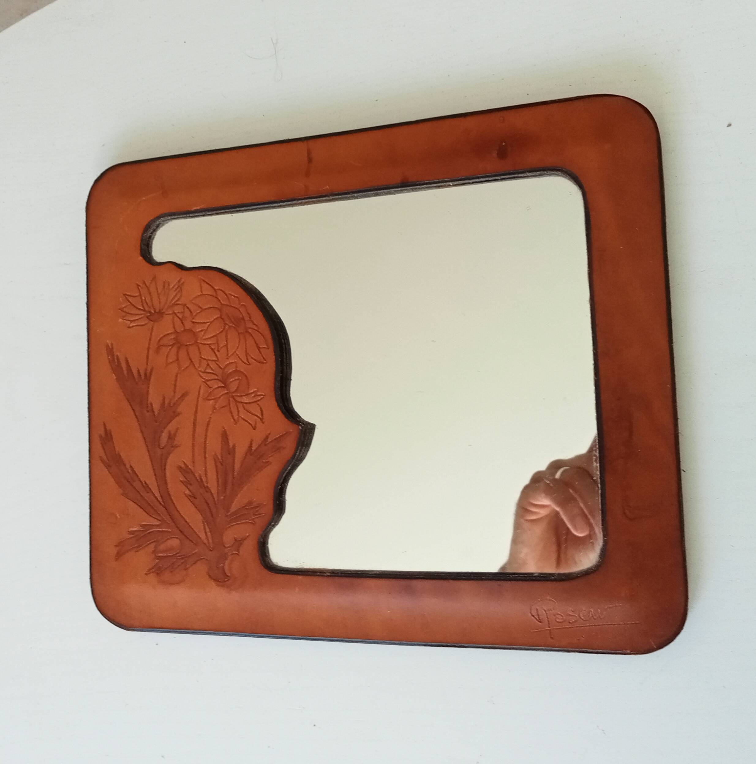 Vintage 70s mirror in wood and leather
