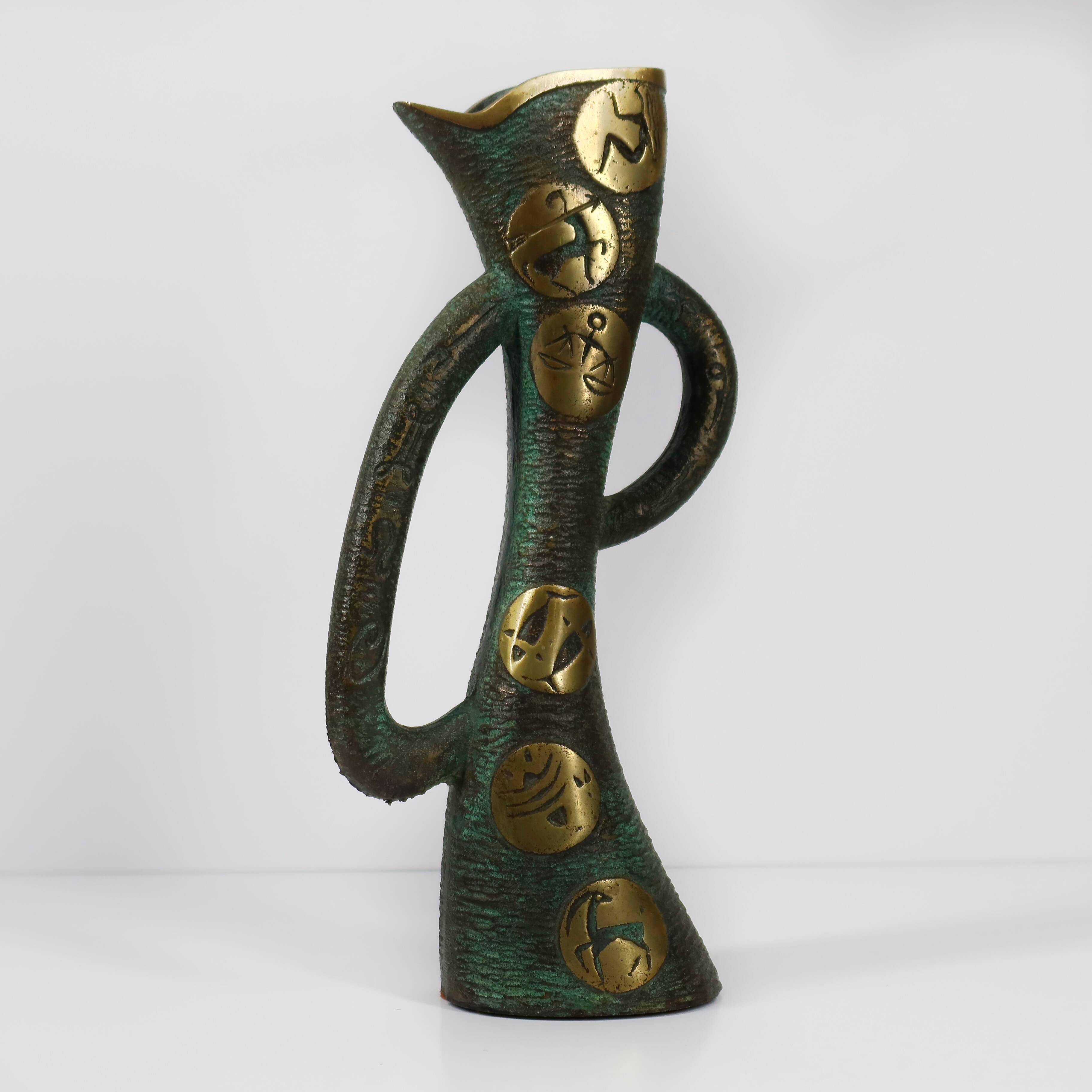 Brutalist Bronze Vase with the Twelve Signs of the Zodiac