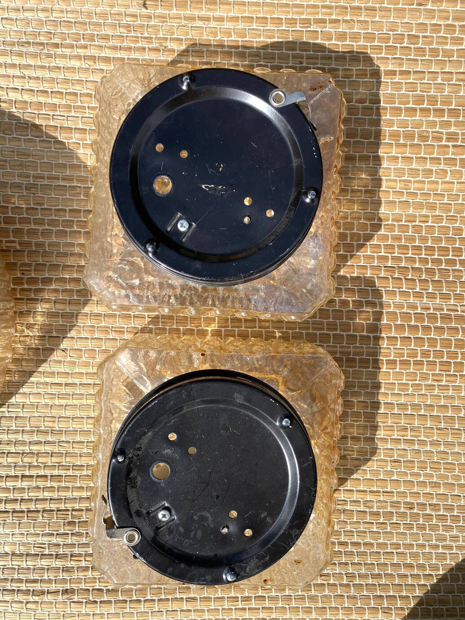 2 square ceiling lights in amber glass, 70s-80s