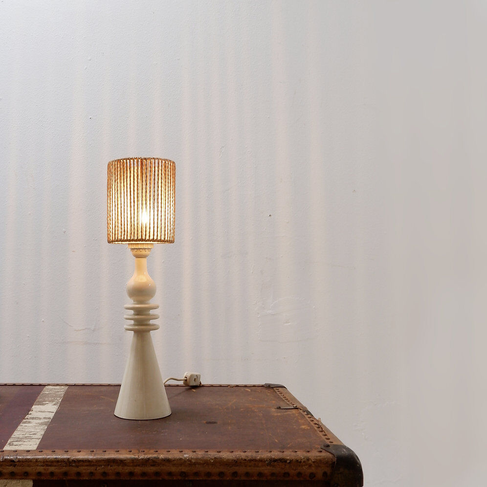 Vintage ceramic table lamp in sand color with a new rope lampshade