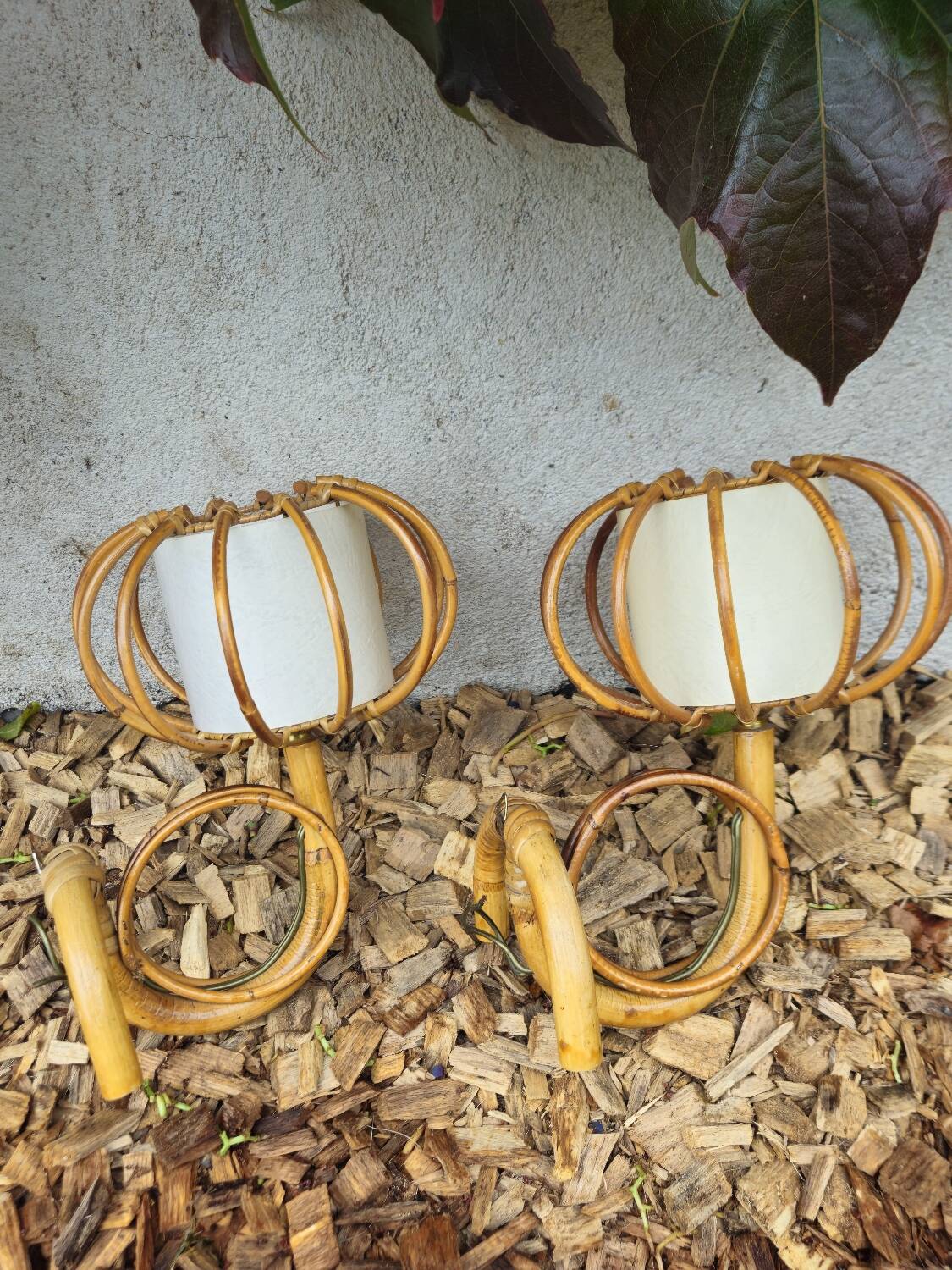 Pair of rattan wall lights by Louis Sognot 1950