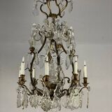 Bronze cage chandelier adorned with cut crystal pendants, 12 lights
