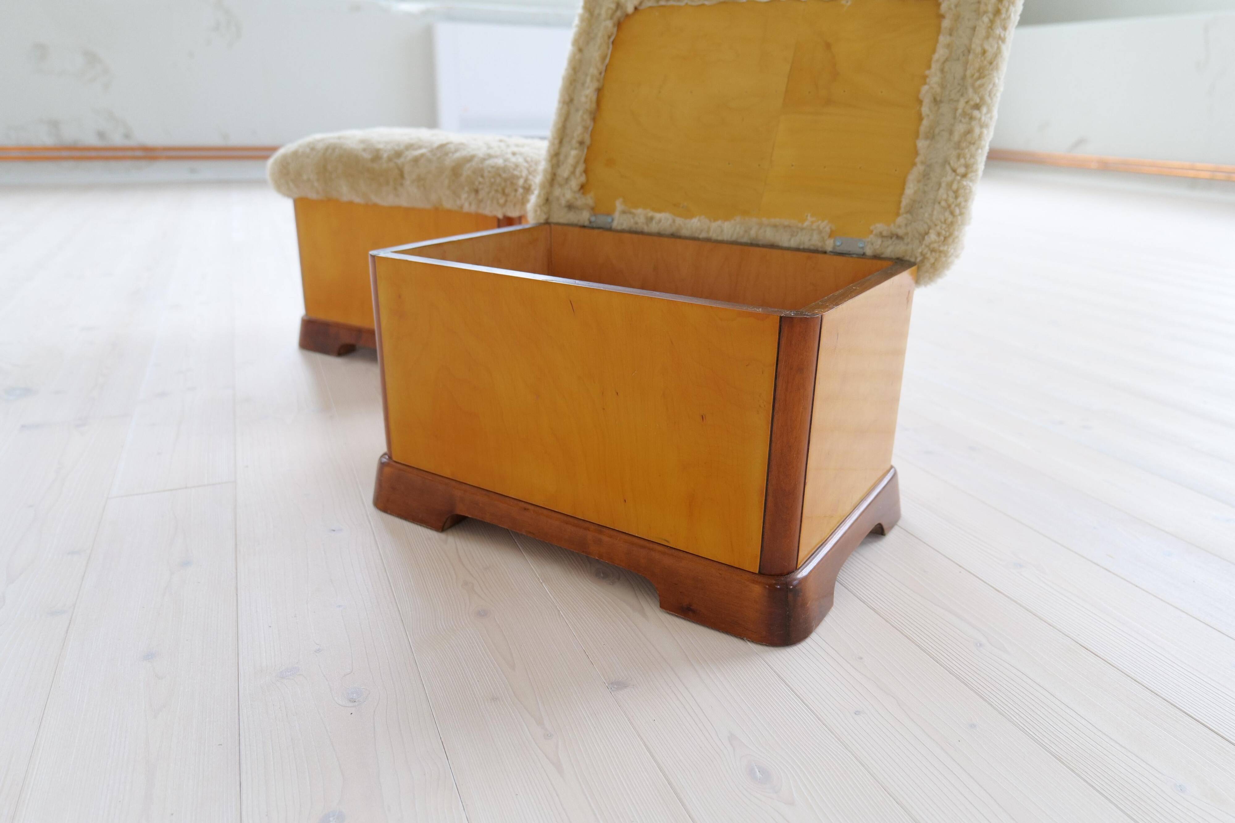 Swedish Art Deco Stools in Lacquered Birch with Sheepskin Seat, 1940s
