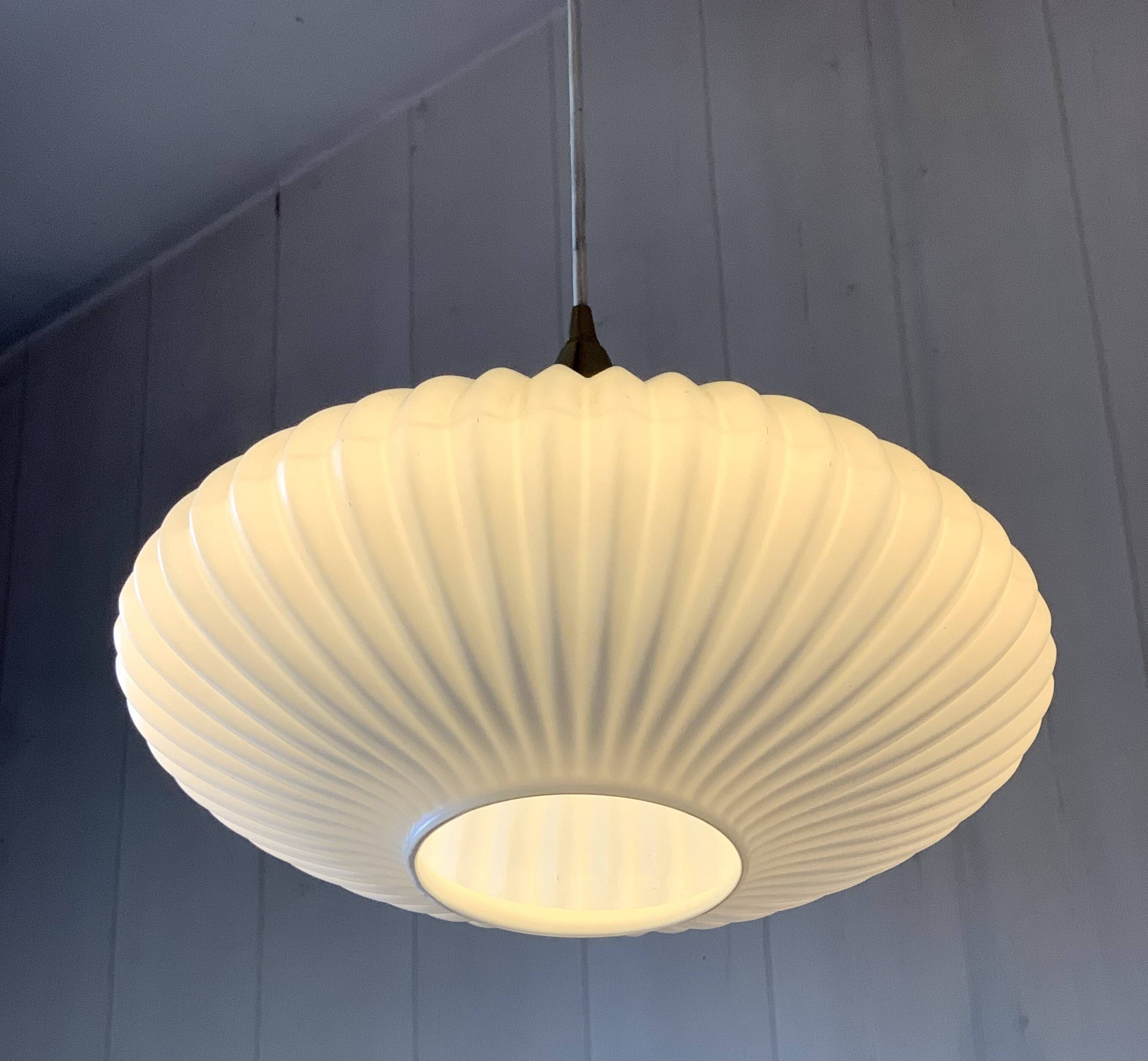 Large Scandinavian pendant light in striated opaline and brass from the 60s