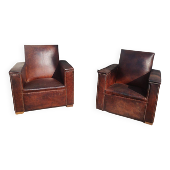 Pair of 1930s leather club armchairs