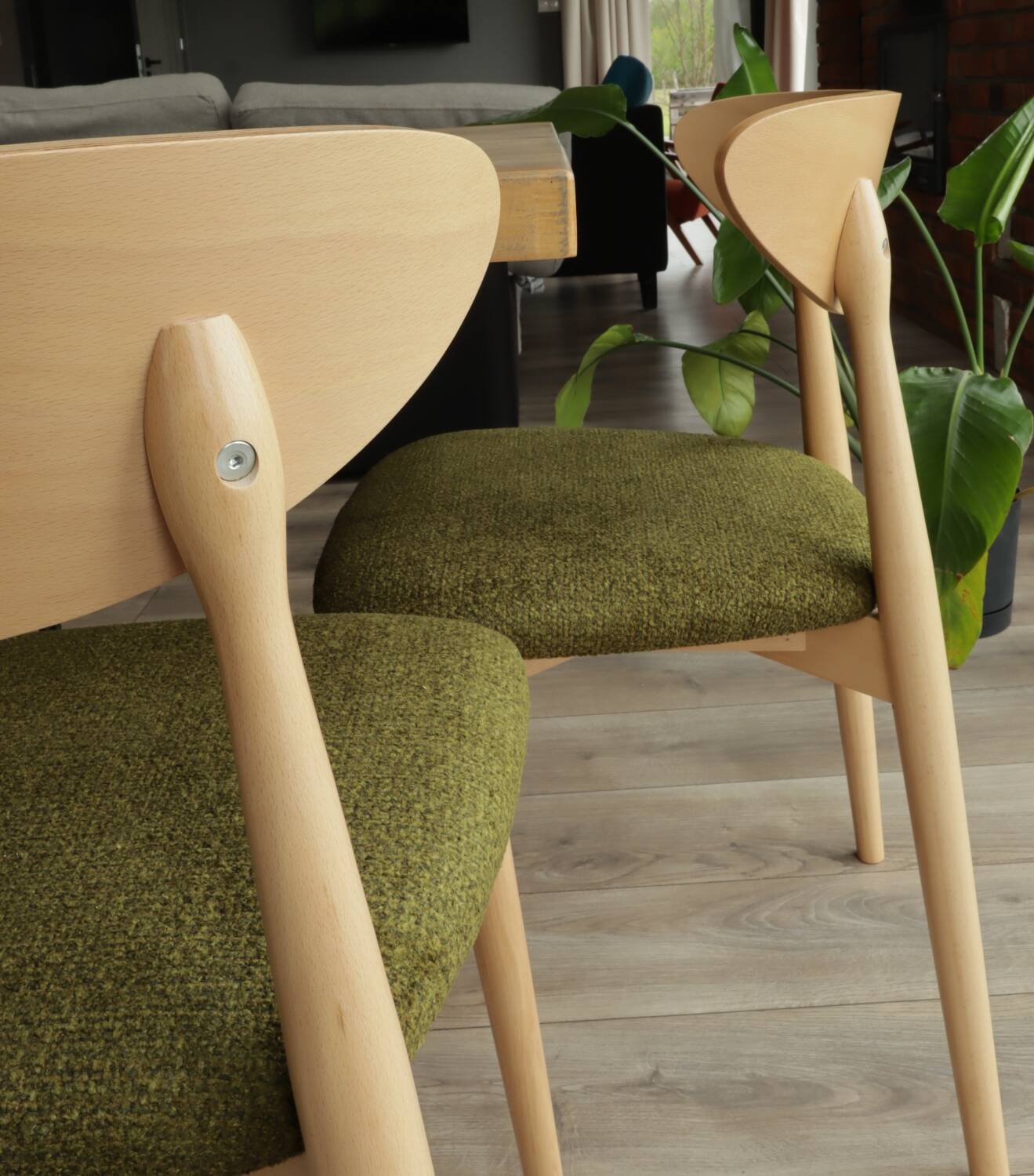 Natural Dining Chair with green upholstery, new modern design vintage style