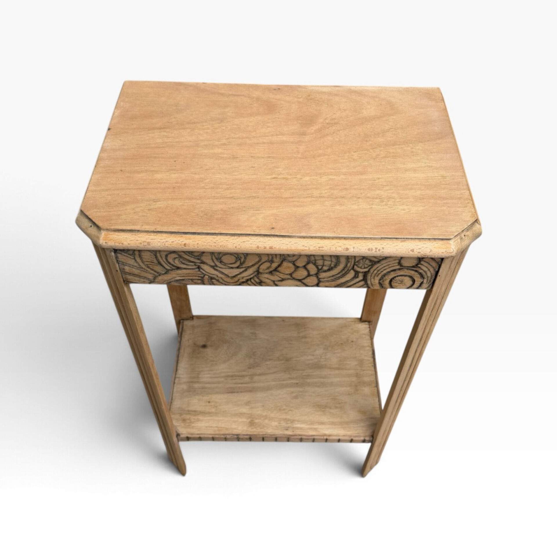 Art Deco console in raw wood with floral decoration, renovated 1930.