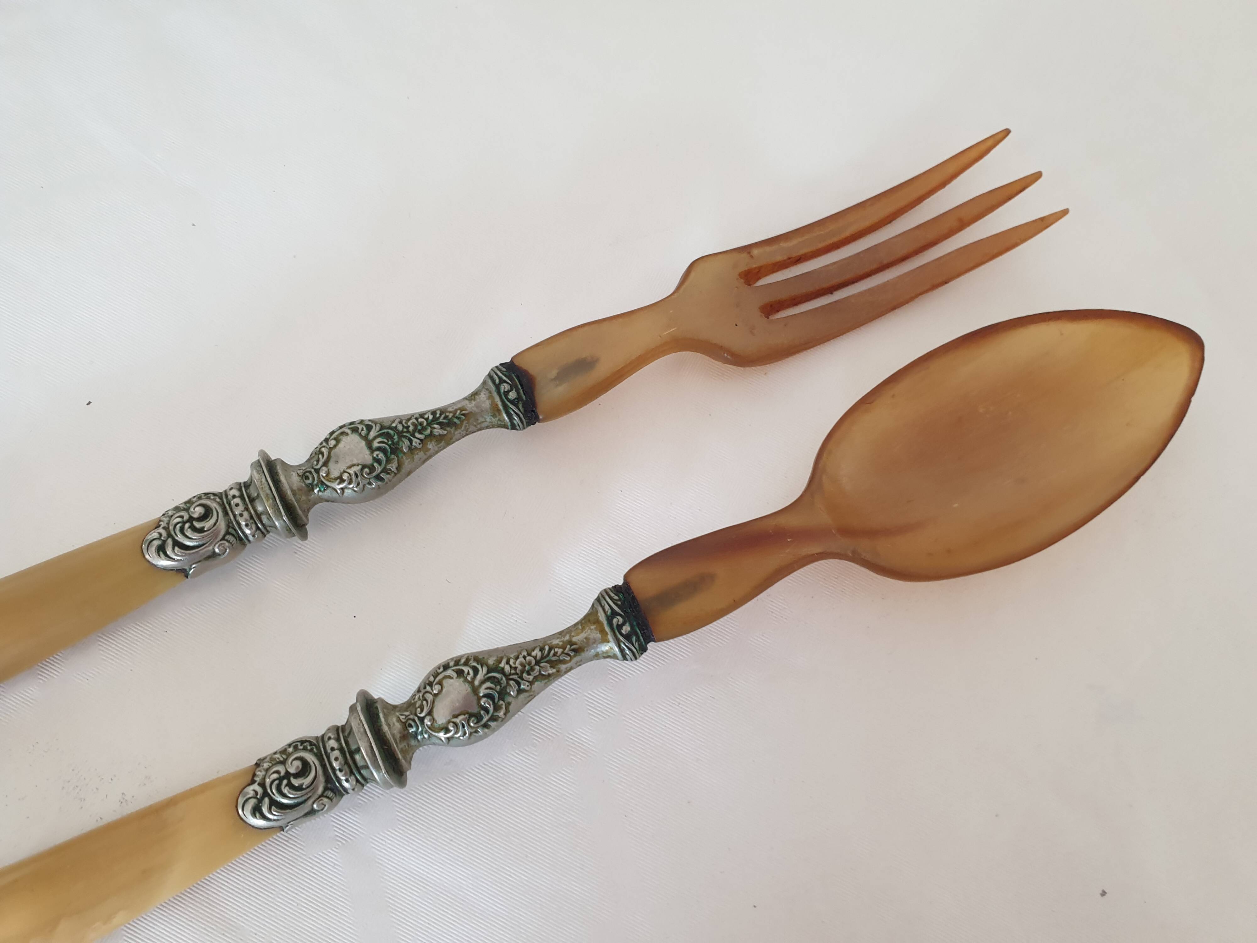 Old horn + silver-plated metal salad servers in their case