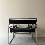 Wassily tubular armchair in chrome & black leather, designed by Marcel Breuer in 1970.