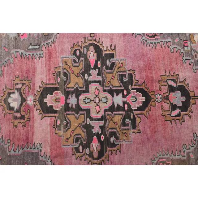 Vintage Turkish hand-knotted wool cotton pink area rug 180x475
