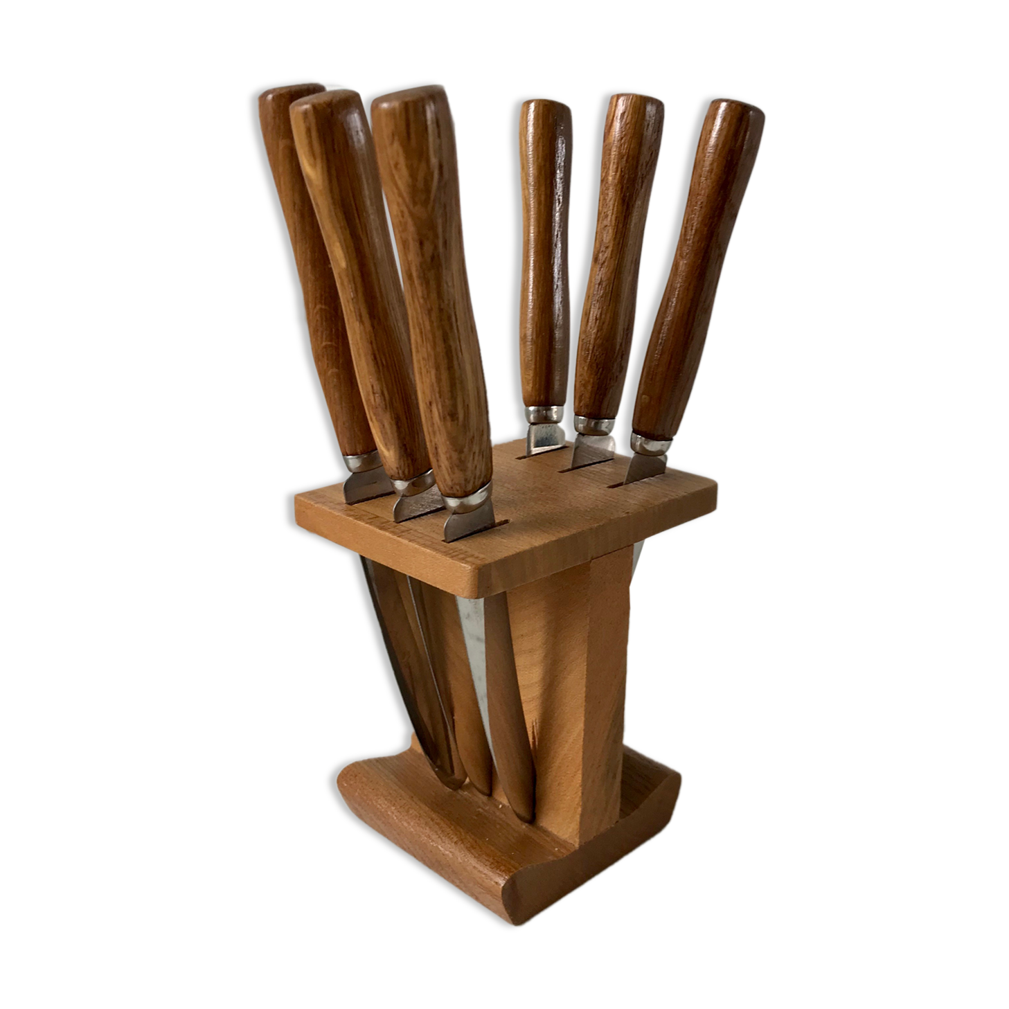 Set of 6 wooden butter knives and their support 70s