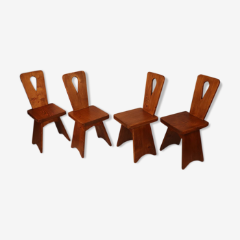 Series of 4 brutalist chairs in solid wood 1950