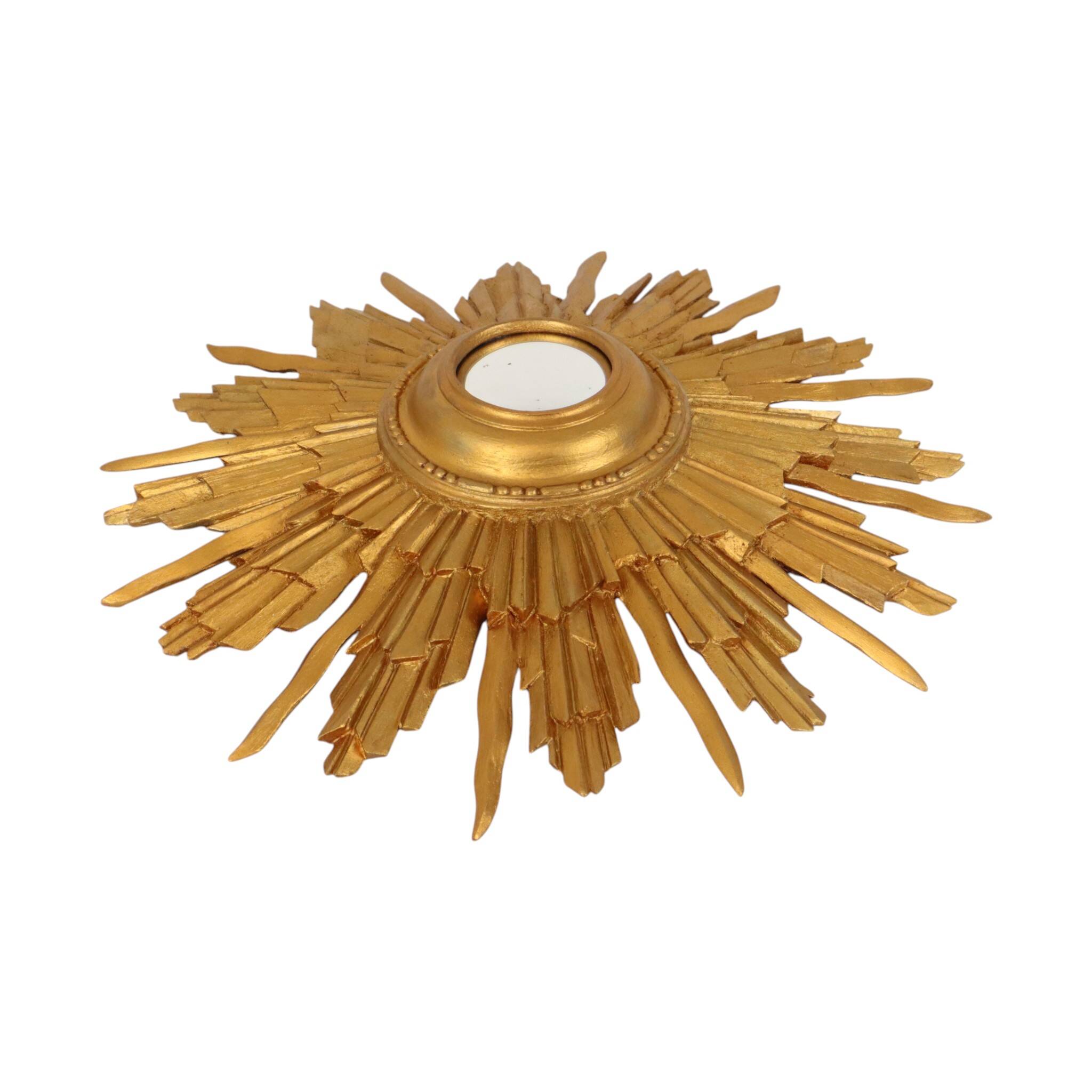 Vintage Wooden Sunburst Convex Mirror, Gold, 46cm