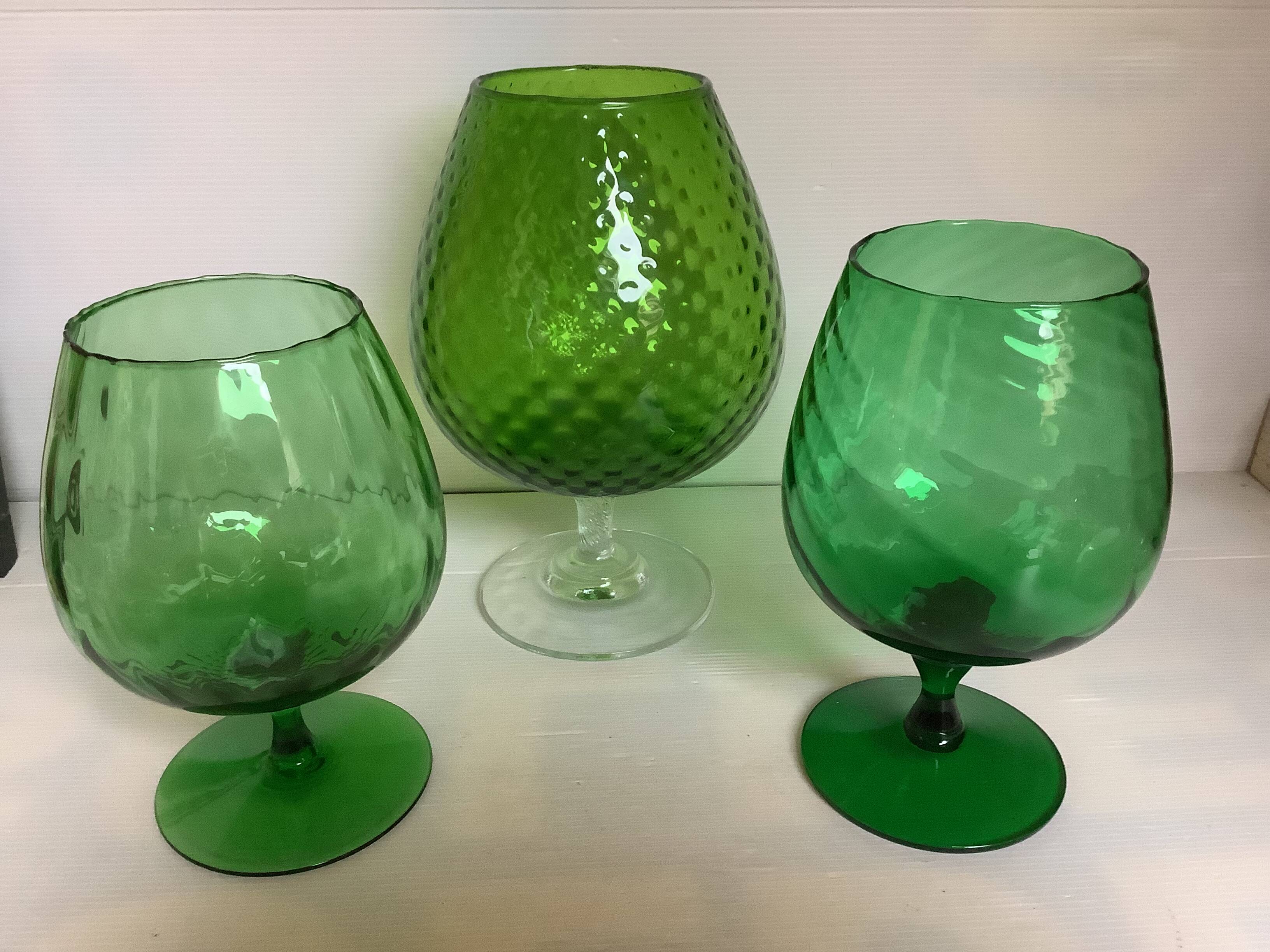 Trio of green glass vases Empoli Italy