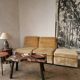 Pair of modular velvet armchairs and ottoman