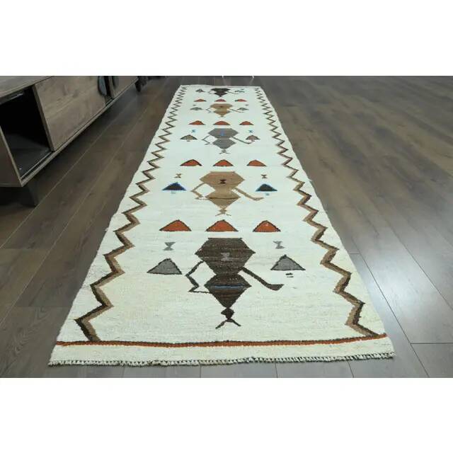 1970s Vintage Turkish Oushak Handmade Wool Cotton White Runner Rug 91x328