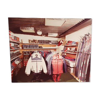 Vintage art photo, ski shop 80s, cross-country skiing