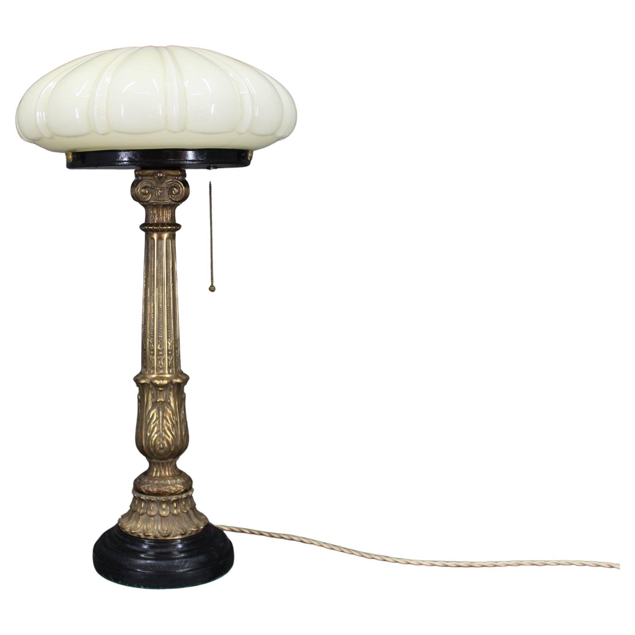 1940s Restored Brass Table Lamp with Wooden Base and Glass Shade